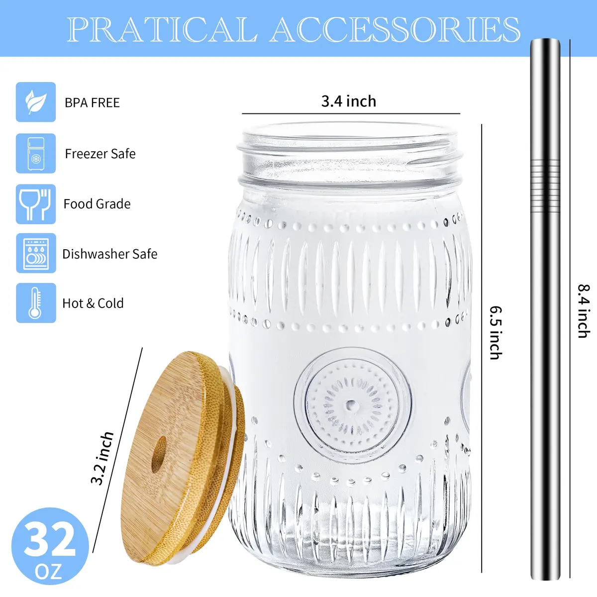 Amzcku 32oz Mason Jars with Bamboo Lids & Steel Straws | Vintage Wide Mouth Quart Cups - view 2