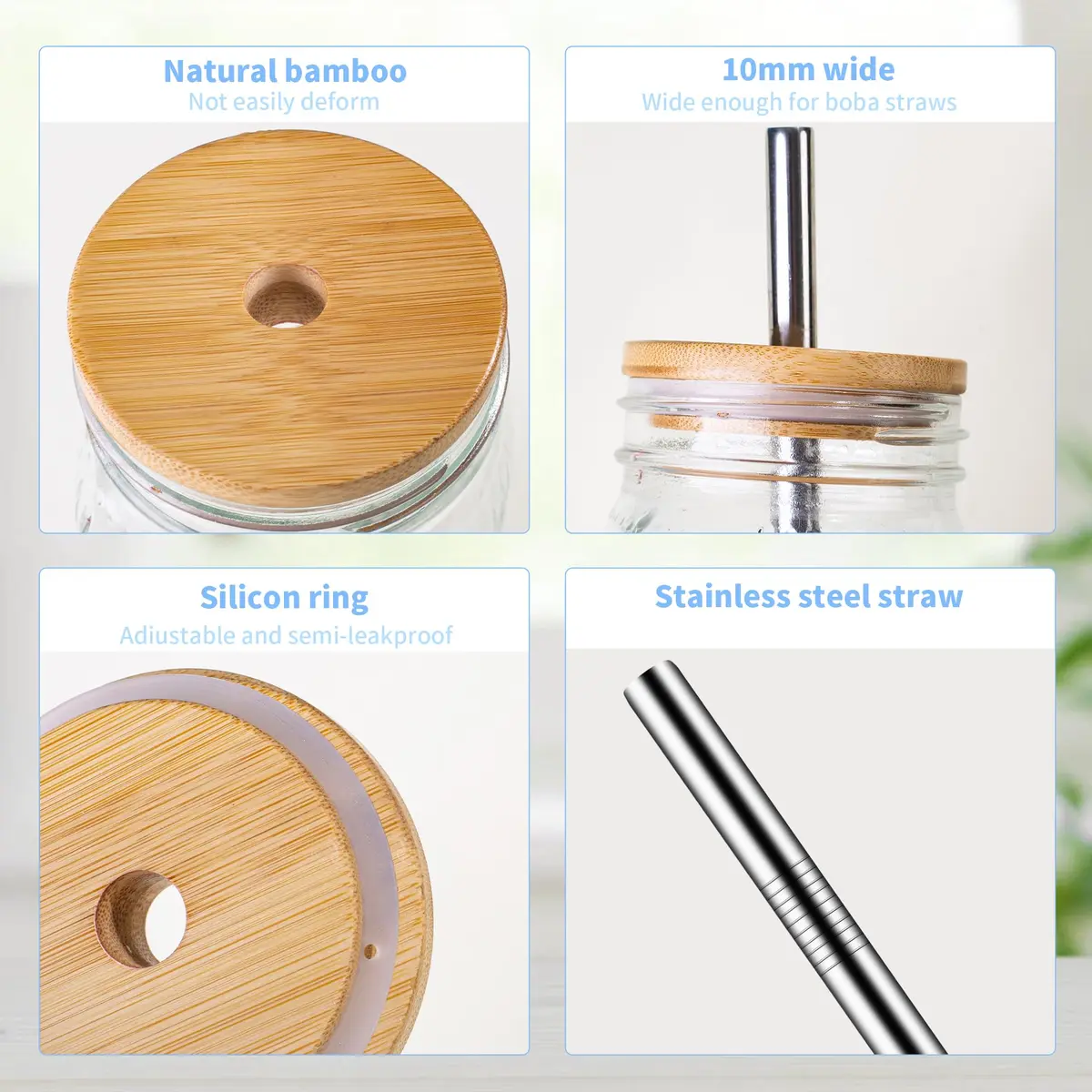 Amzcku 32oz Mason Jars with Bamboo Lids & Steel Straws | Vintage Wide Mouth Quart Cups - view 4