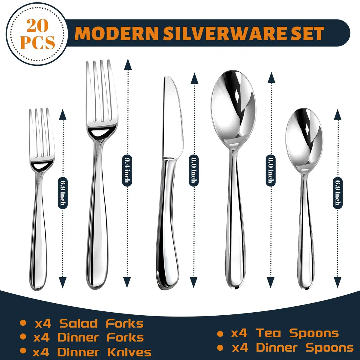 Nice Kitchen Silverware Set for 8 | Heavy Duty Stainless Steel 40 Piece | Modern Flatware - view 6