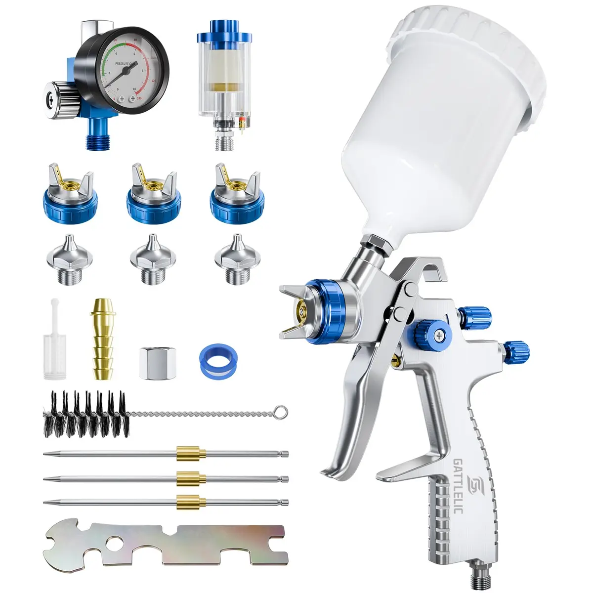 GATTLELIC LVLP Steel Air Spray Gun Premium Kit with 1.4/1.7/2.0mm Nozzles & Regulator, 600cc Cup | Automotive & DIY Painting Tool - main product image