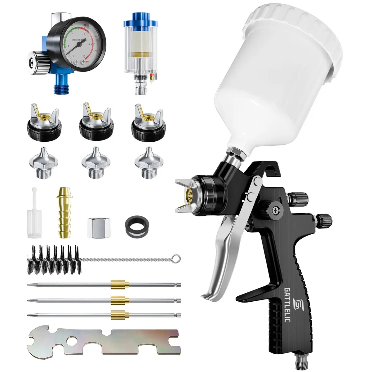 GATTLELIC LVLP Black Air Spray Gun Premium Kit with 1.3/1.5/1.7mm Nozzles & Air Regulator | Automotive Paint Sprayer for Cars & House DIY - main product image