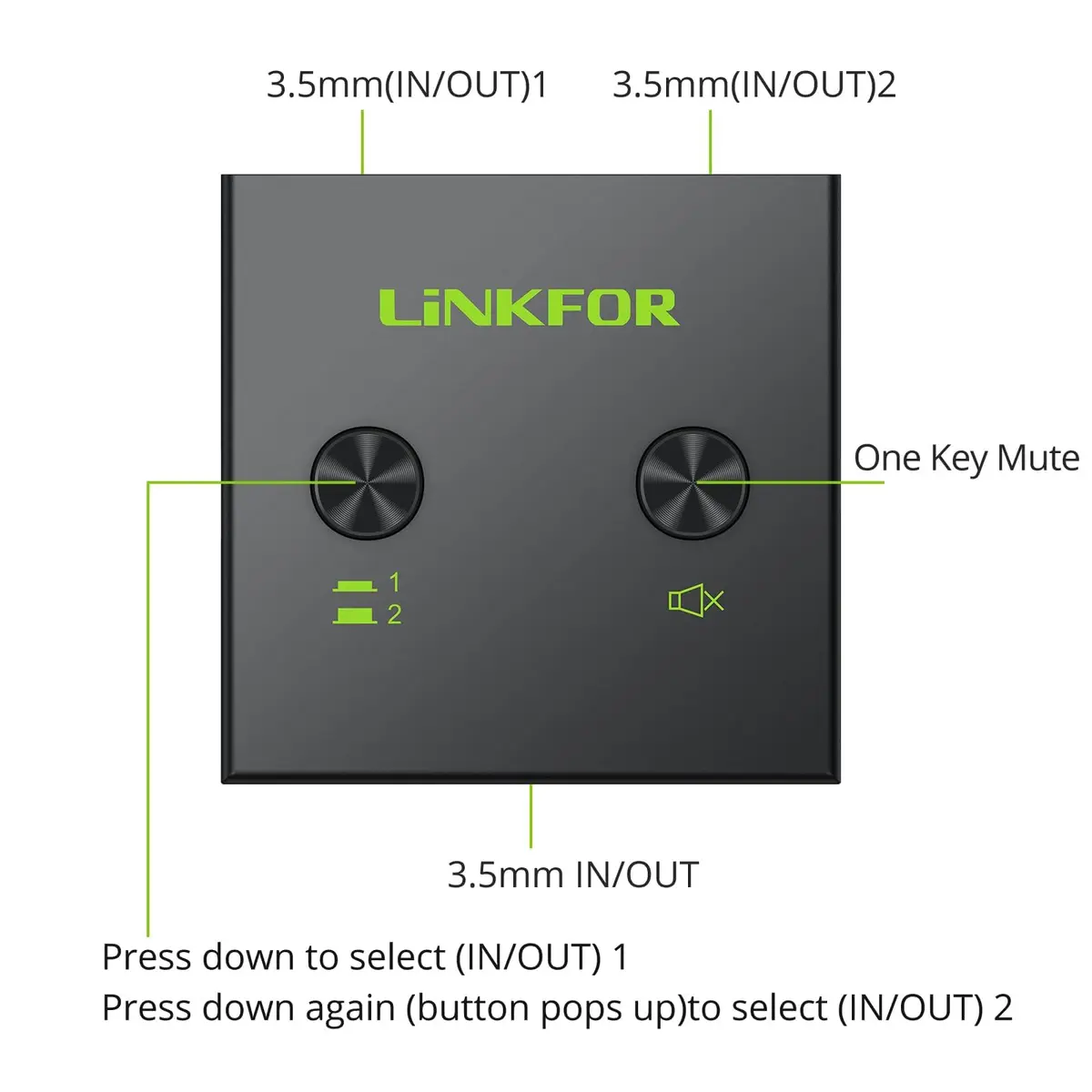 LiNKFOR 2 x 1/1 x 2 3.5mm Stereo Audio Switch Audio Switcher | Mute Button, No Power Needed - view 2