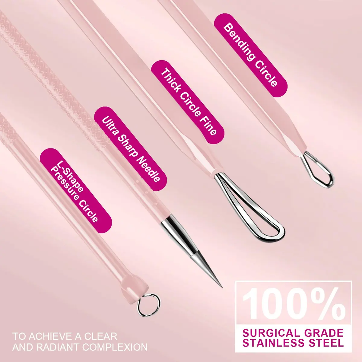 Teenitor Blackhead & Blemish Remover Kit | 2-in-1 Stainless Steel Tools for Face, Pink - view 5