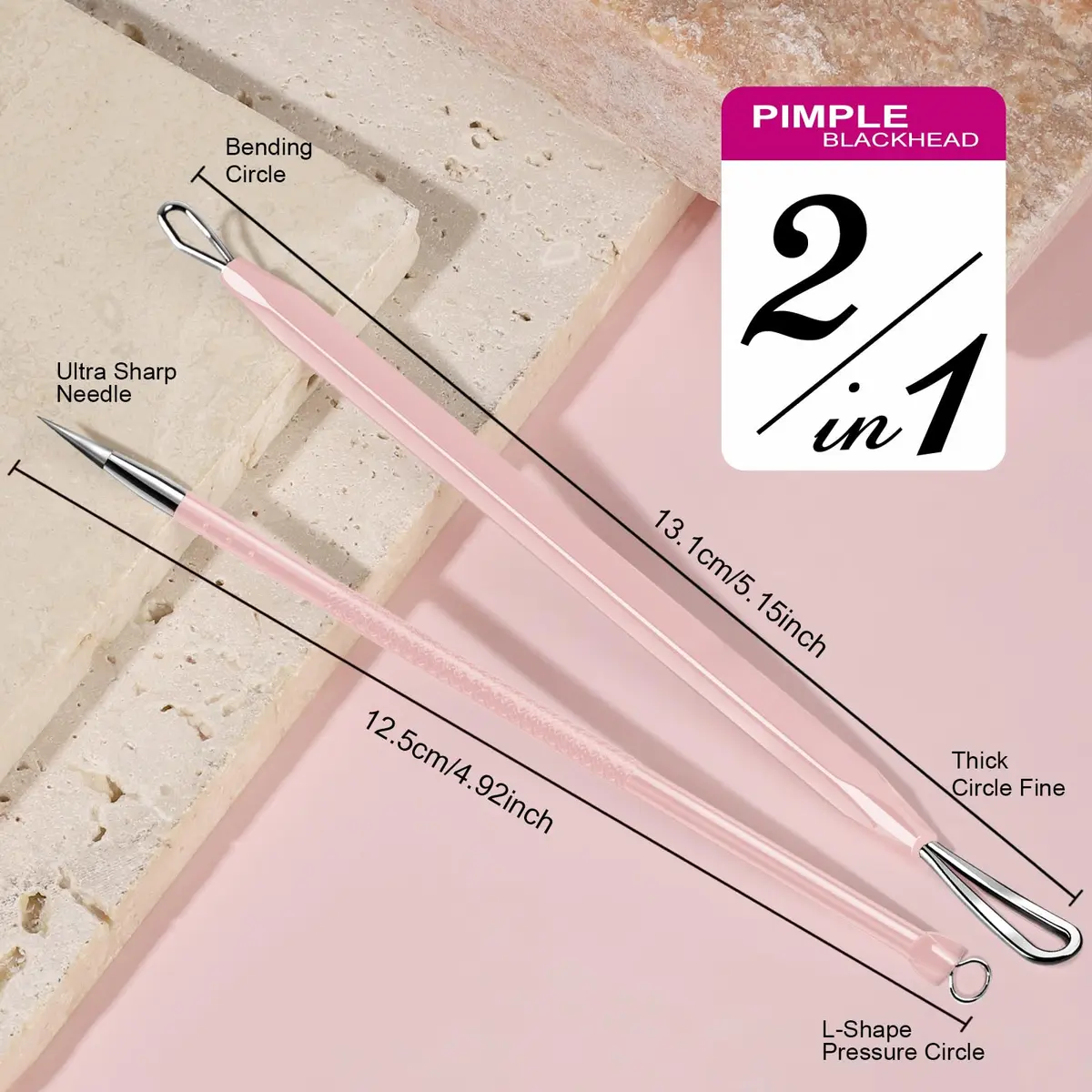 Teenitor Blackhead & Blemish Remover Kit | 2-in-1 Stainless Steel Tools for Face, Pink - view 2