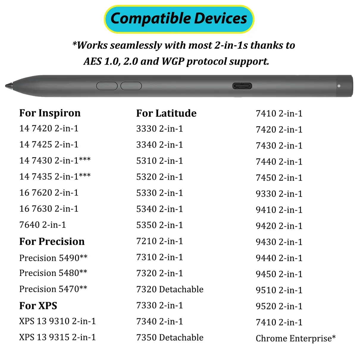 Mingxiong Active Stylus Pen PN7522W Compatible with Dell 2-in-1s | 4096 Pressure Levels, Palm Rejection, Bluetooth Support - view 2