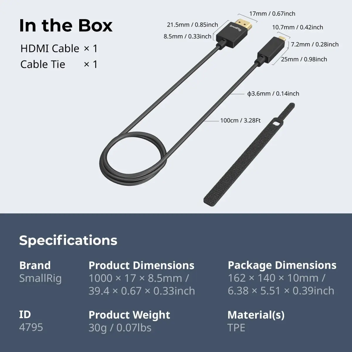 SMALLRIG Ultra Thin HDMI Cable 100cm (3.28ft) | 4K 60Hz HDMI 2.0 Micro to Full HDMI Cord - view 6
