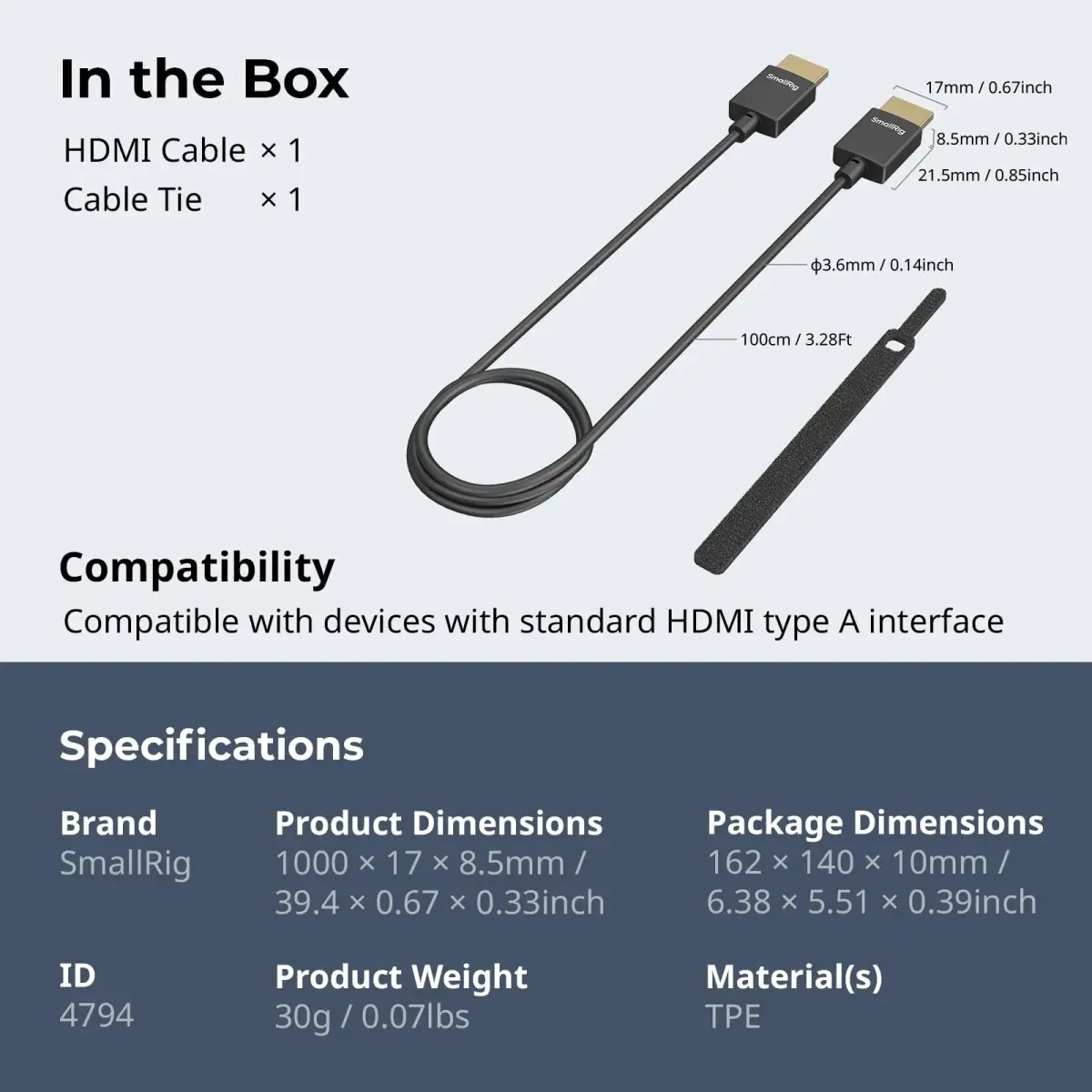 SMALLRIG Ultra Thin HDMI 2.0 Cable 100cm (3.28Ft) | 4K@60Hz Flexible Slim Cord for Camera Rig - view 6