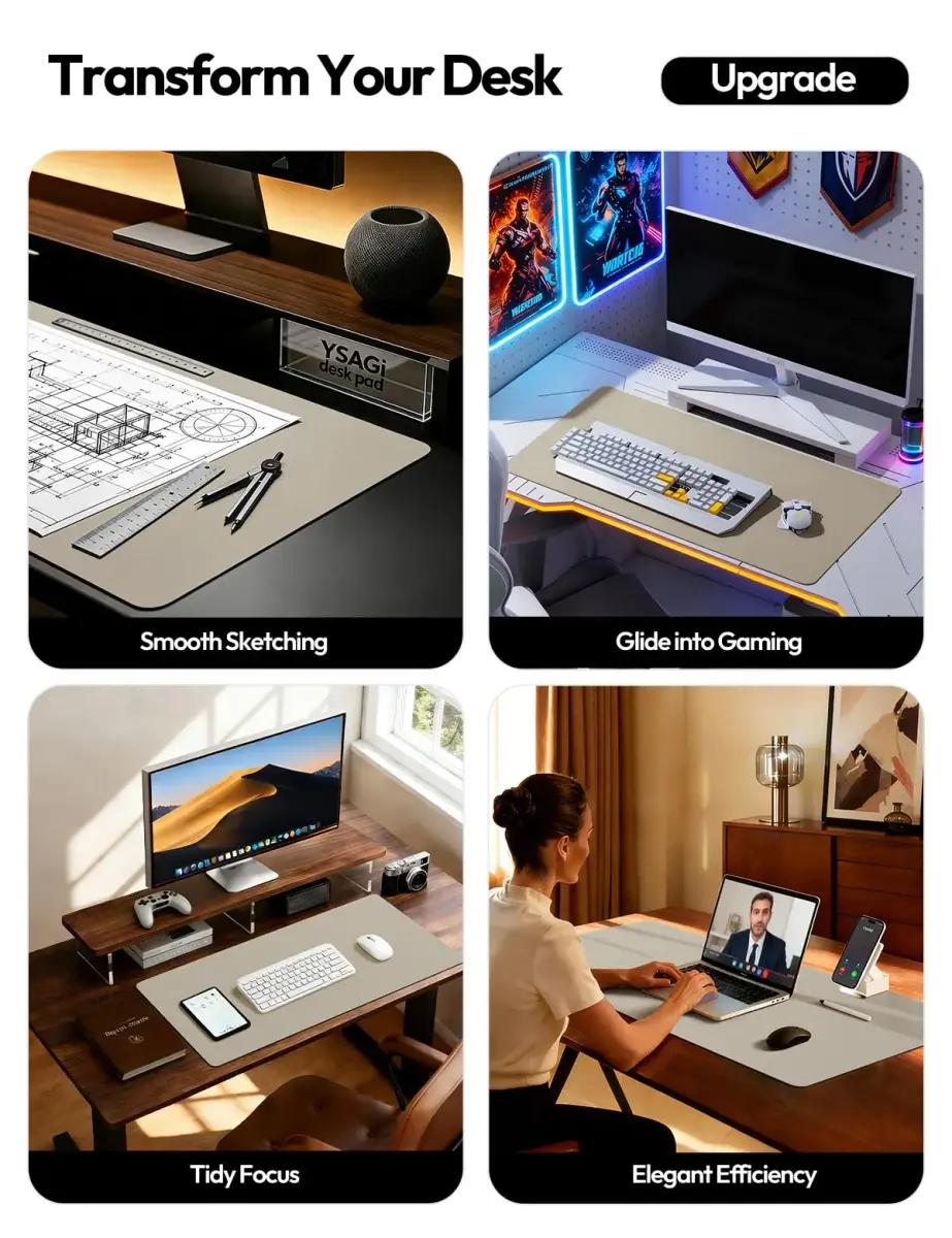 YSAGi Large PU Leather Desk Pad Protector with Mouse Pad Functionality, Olive Beige (47.2" x 23.6") | Protects Desk, Doubles as Mouse Surface - view 2