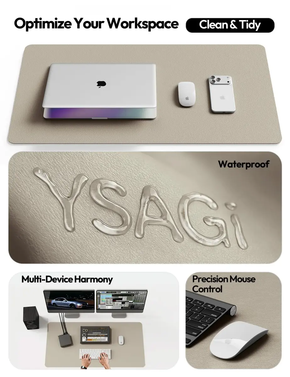 YSAGi Large PU Leather Desk Pad Protector with Mouse Pad Functionality, Olive Beige (47.2" x 23.6") | Protects Desk, Doubles as Mouse Surface - view 8