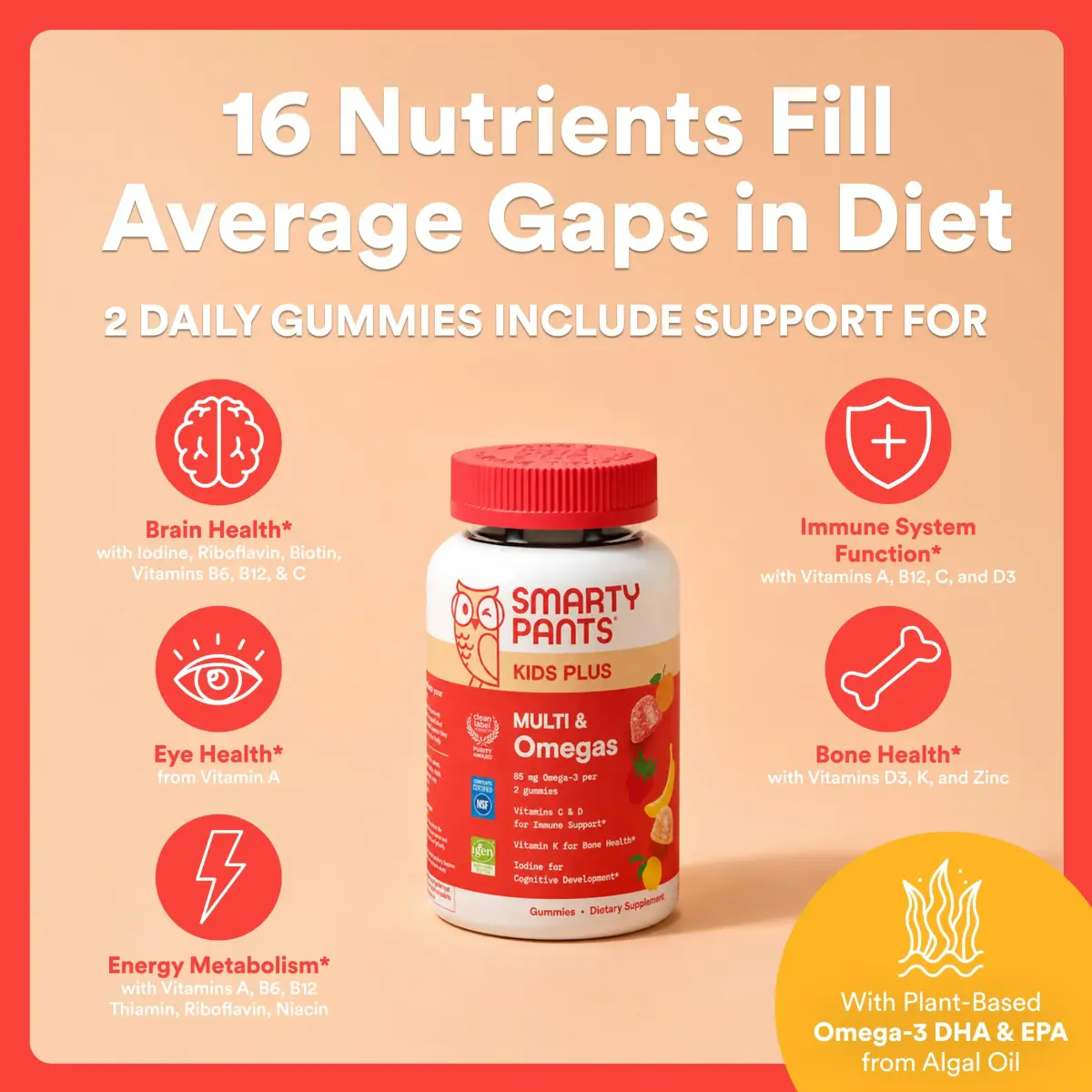 SmartyPants Kids Multivitamin Gummies with Omega 3 DHA/EPA, Vitamins D3, C, B12, B6, A, K, and Zinc, Gluten Free, Three Fruit Flavors, 60 Gummies (30 Day Supply) | Supports Growth & Immunity - view 4