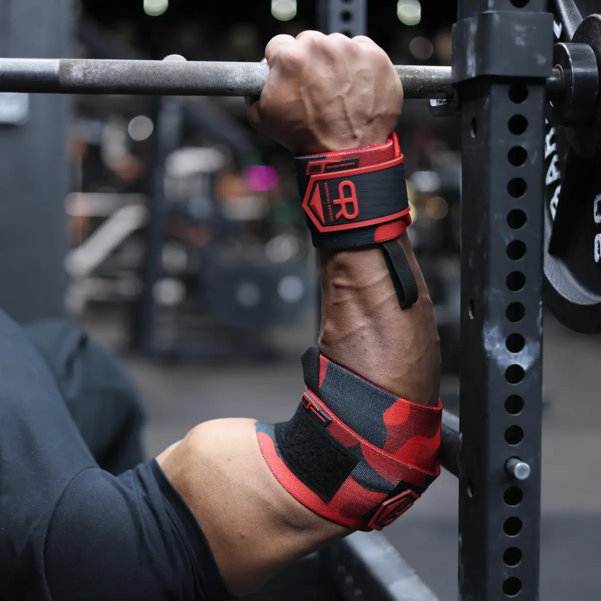PR Personal Record Elbow Wraps for Weightlifting - Heavy Duty Construction, 25% More Elasticity, Reinforced Stitching, Extra Wide Fastener, Red Camo (36in/91.4cm) - view 7