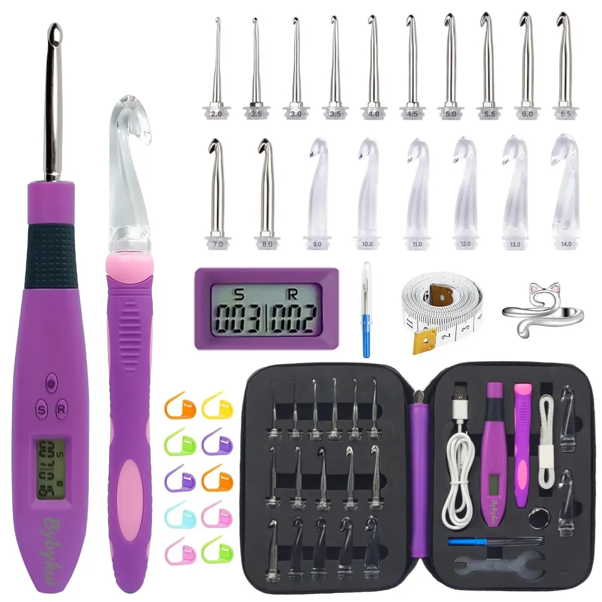Bybykoi Light Up Crochet Hooks Set - 18 Sizes (2.0-14.0mm) with Digital Counter & Ergonomic Grip | USB Rechargeable - main product image