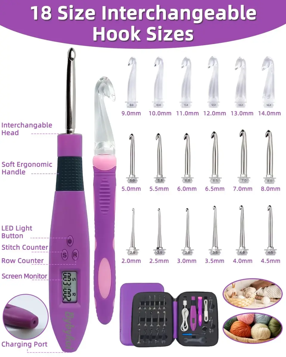 Bybykoi Light Up Crochet Hooks Set - 18 Sizes (2.0-14.0mm) with Digital Counter & Ergonomic Grip | USB Rechargeable - view 4