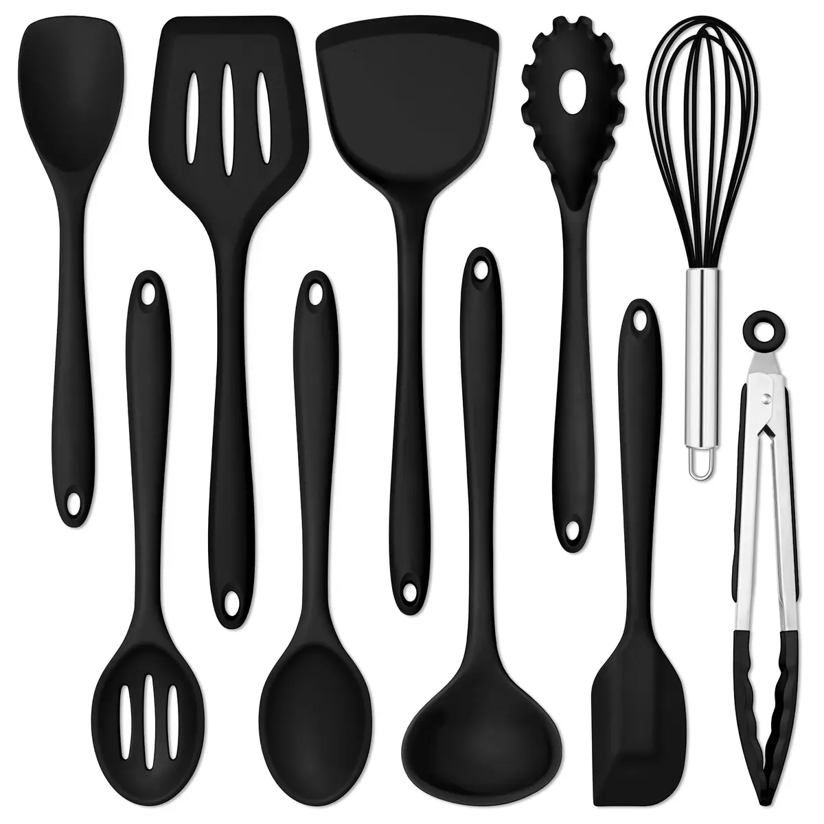 E-far 10-Piece Black Silicone Cooking Utensils Set | Heat Resistant to 450°F, Non-Stick Safe, Dishwasher Safe - main product image