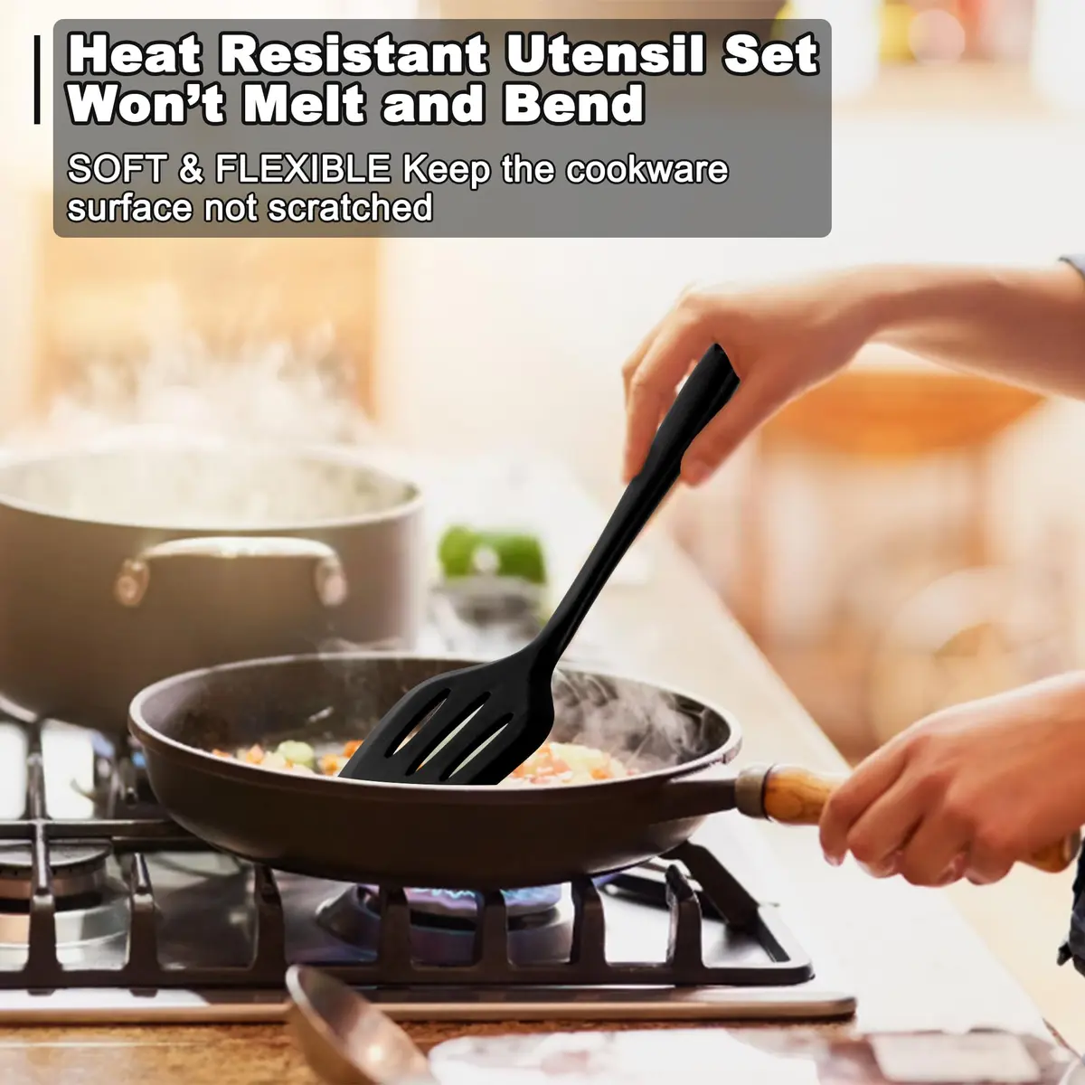 E-far 10-Piece Black Silicone Cooking Utensils Set | Heat Resistant to 450°F, Non-Stick Safe, Dishwasher Safe - view 5