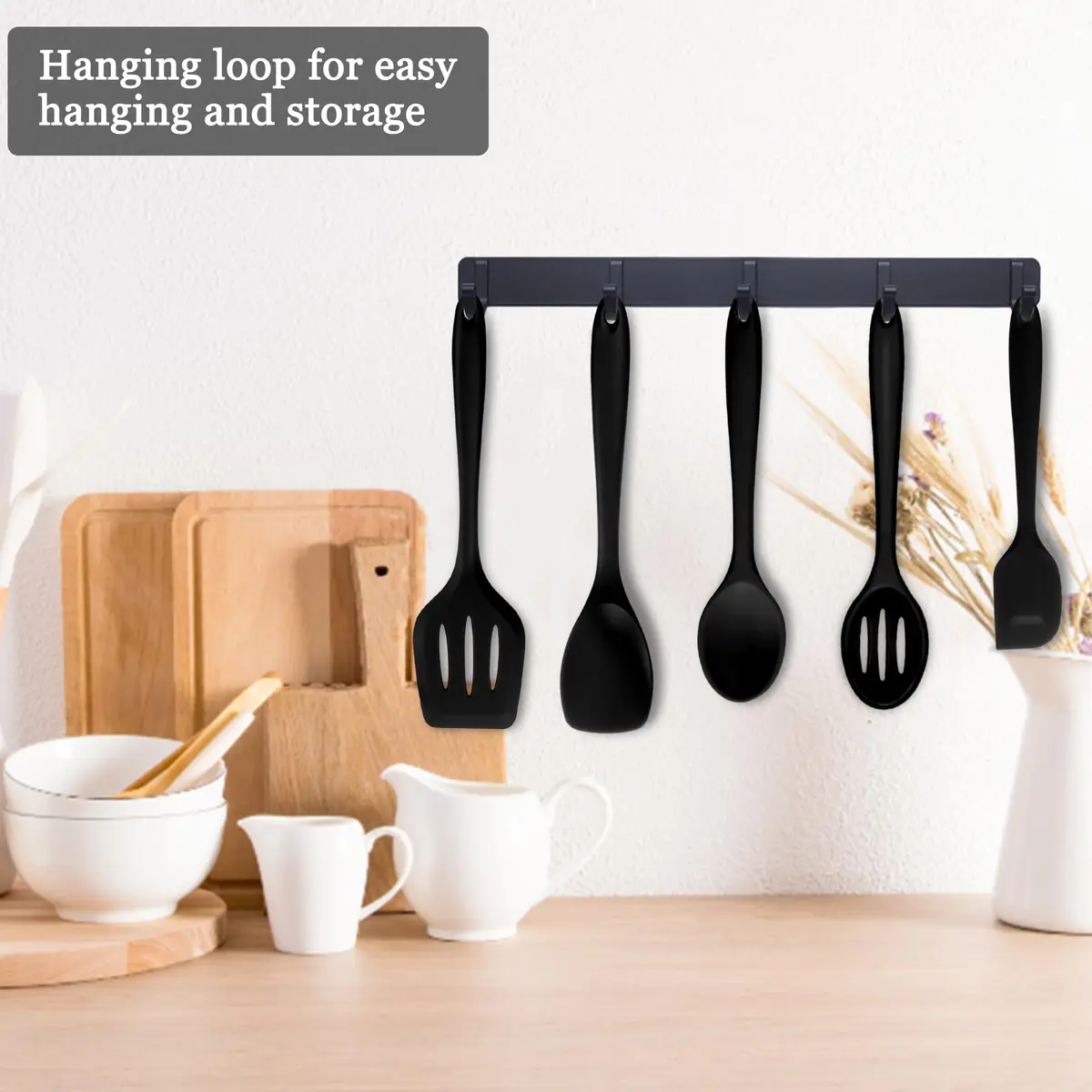 E-far 10-Piece Black Silicone Cooking Utensils Set | Heat Resistant to 450°F, Non-Stick Safe, Dishwasher Safe - view 6