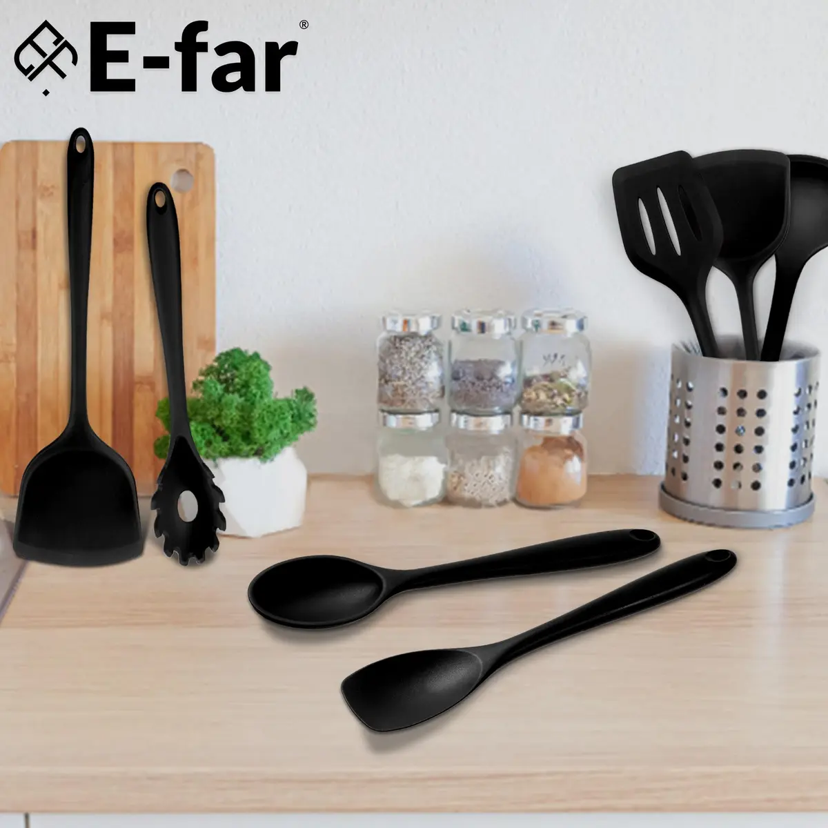 E-far 10-Piece Black Silicone Cooking Utensils Set | Heat Resistant to 450°F, Non-Stick Safe, Dishwasher Safe - view 7