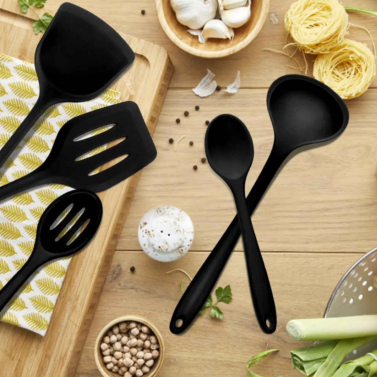 E-far 10-Piece Black Silicone Cooking Utensils Set | Heat Resistant to 450°F, Non-Stick Safe, Dishwasher Safe - view 8