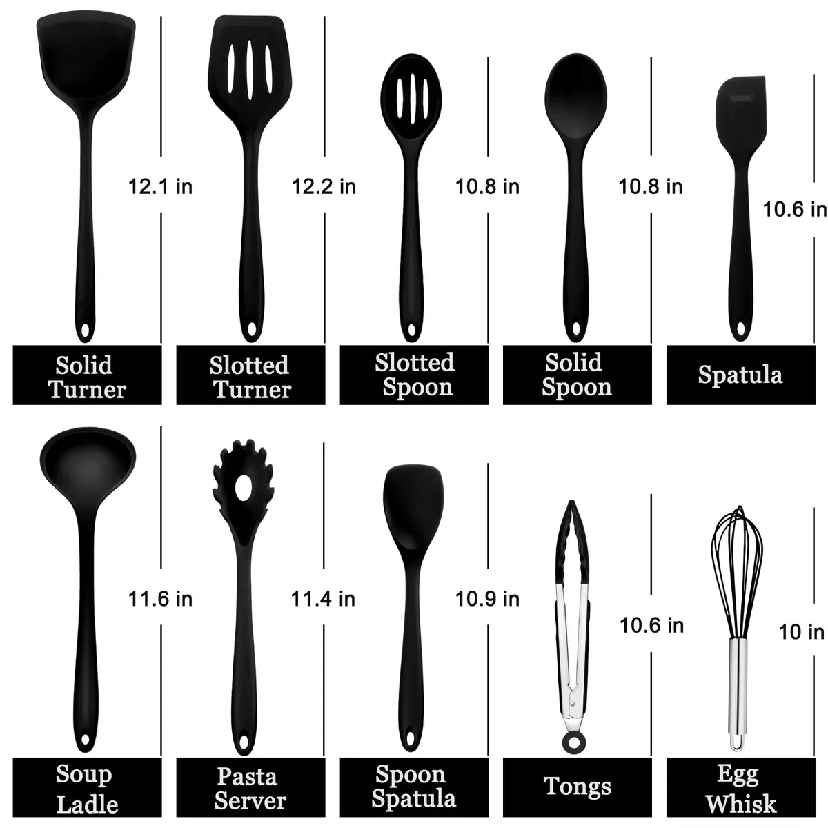 E-far 10-Piece Black Silicone Cooking Utensils Set | Heat Resistant to 450°F, Non-Stick Safe, Dishwasher Safe - view 2