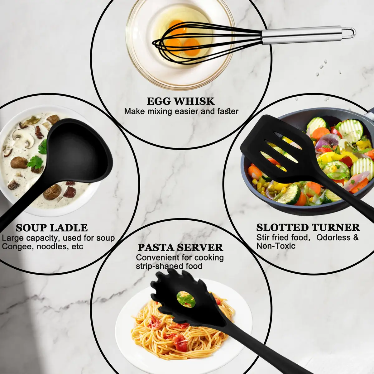 E-far 10-Piece Black Silicone Cooking Utensils Set | Heat Resistant to 450°F, Non-Stick Safe, Dishwasher Safe - view 3