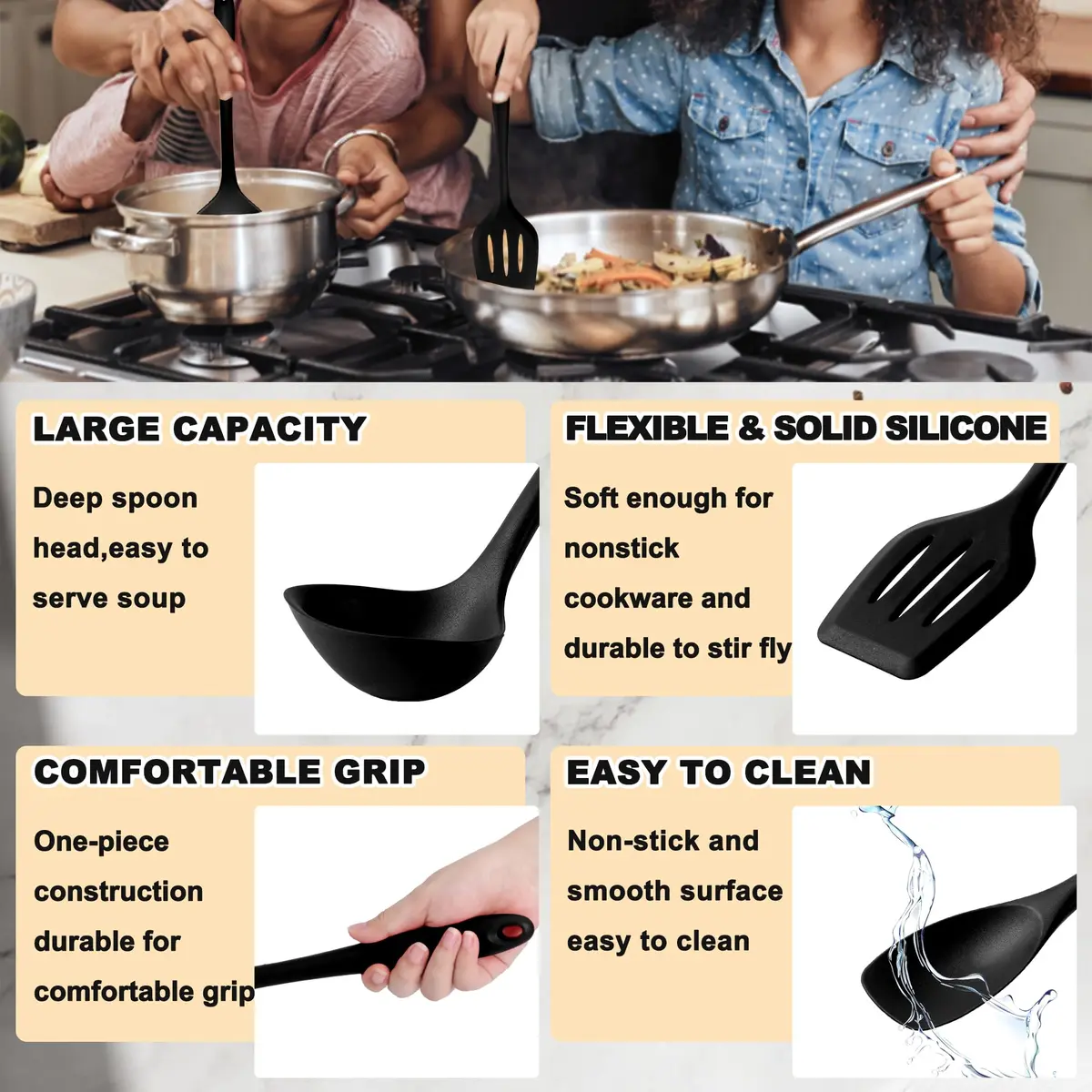 E-far 10-Piece Black Silicone Cooking Utensils Set | Heat Resistant to 450°F, Non-Stick Safe, Dishwasher Safe - view 4