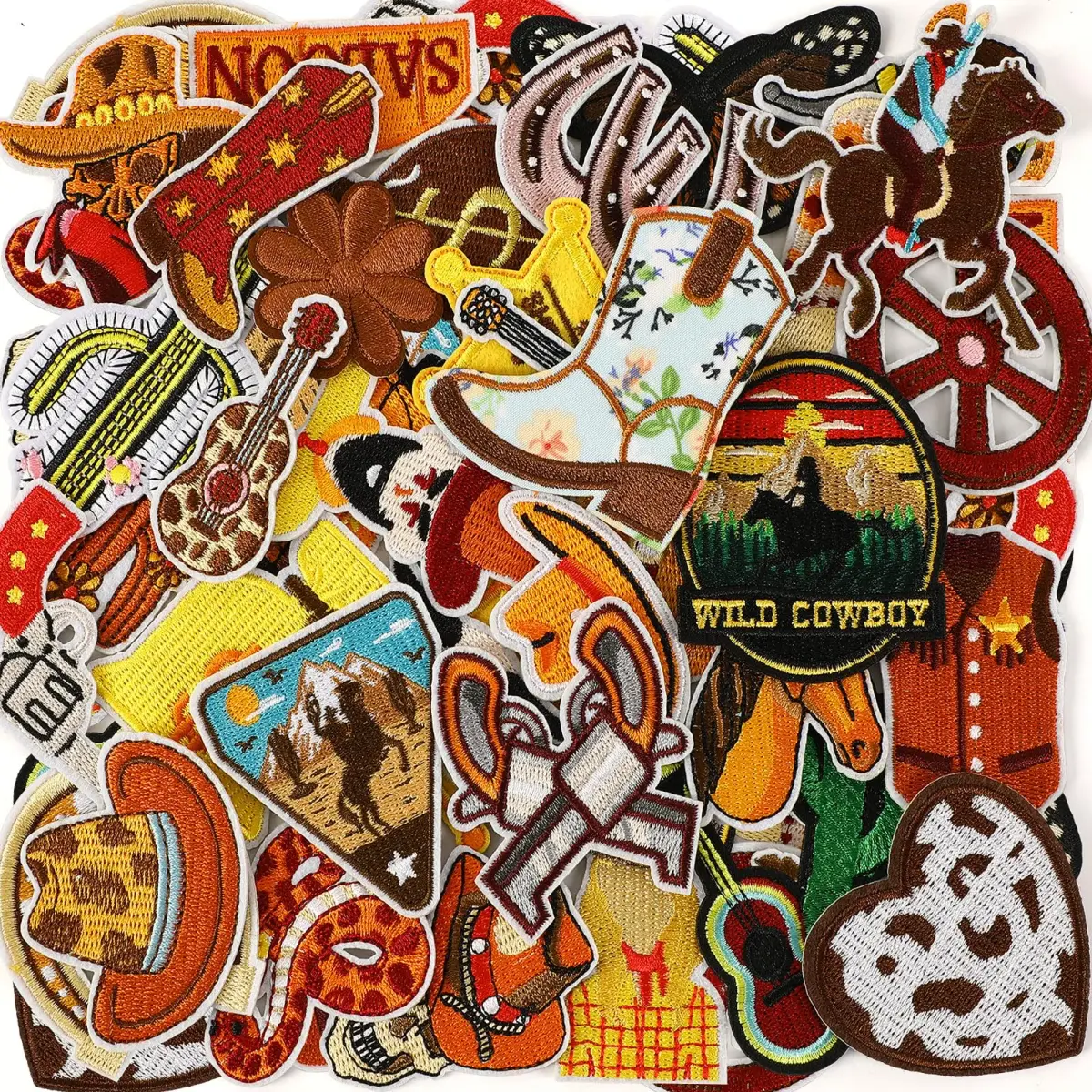 AUGSUN 60Pcs Western Iron On Patches | Brown Embroidered Sew Applique Set (60-Piece) - main product image