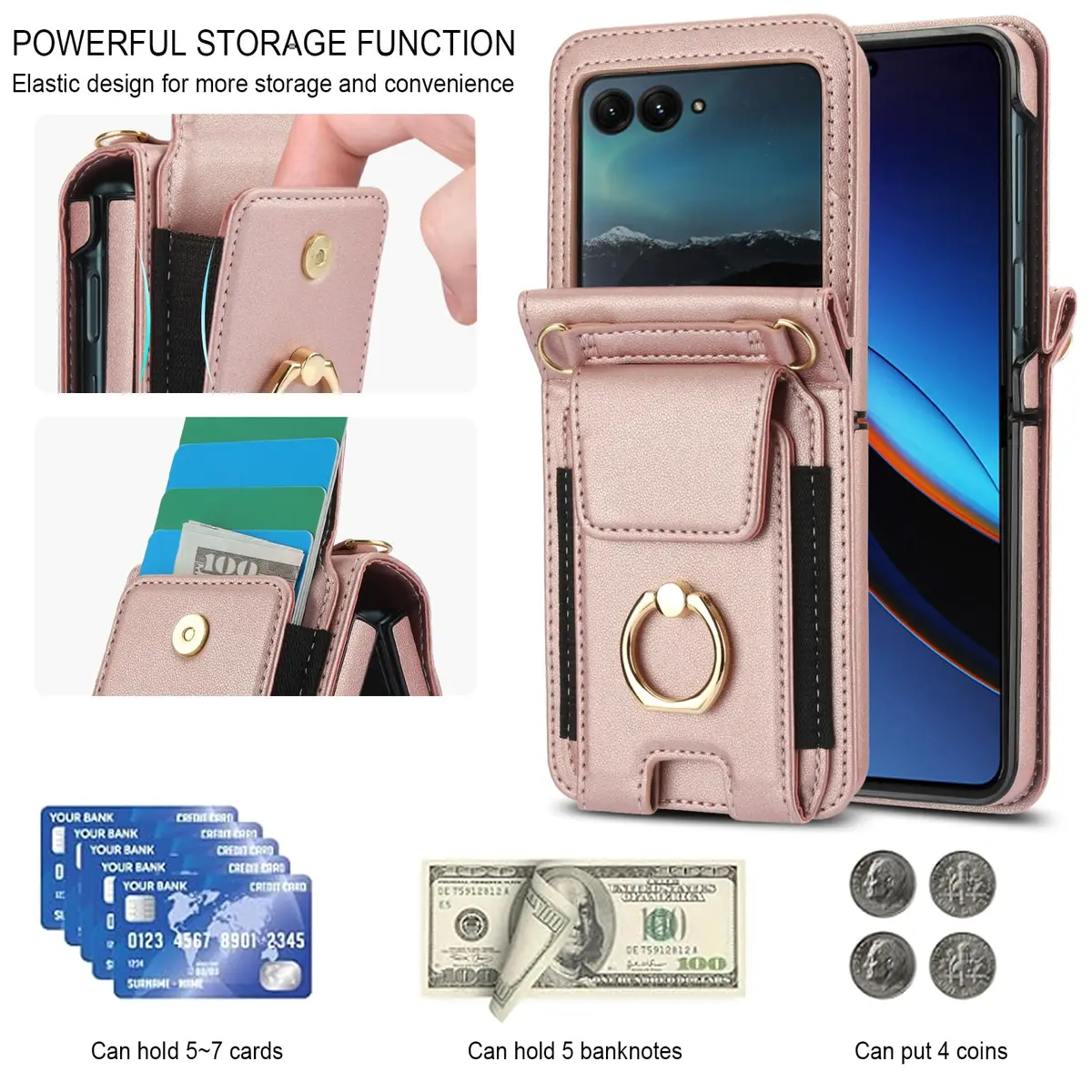 Asuwish Phone Case for Motorola Razr 50 Ultra/Razr+ 2024/Razr Plus 2024 | Wallet Cover with Ring & Strap (80-120c) - view 2