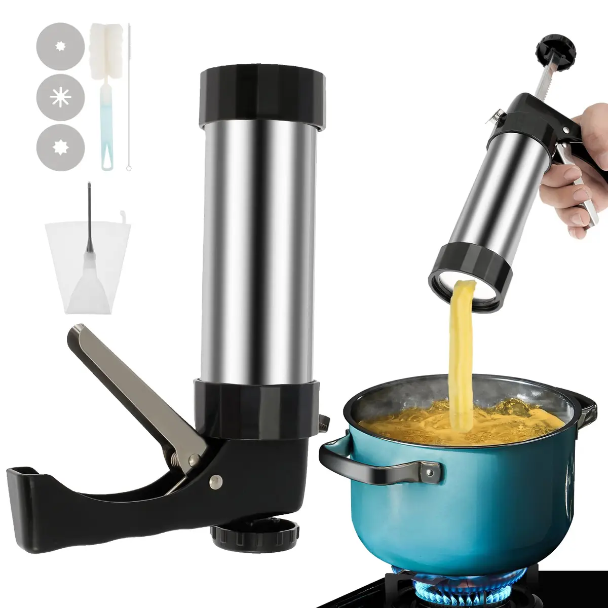 bigjvbfv Stainless Steel Churro Maker Machine with 3 Tips & Filling Injector | Heavy Duty Cookie Press Gun Kit for DIY Hollow Churros & Spanish Desserts - main product image