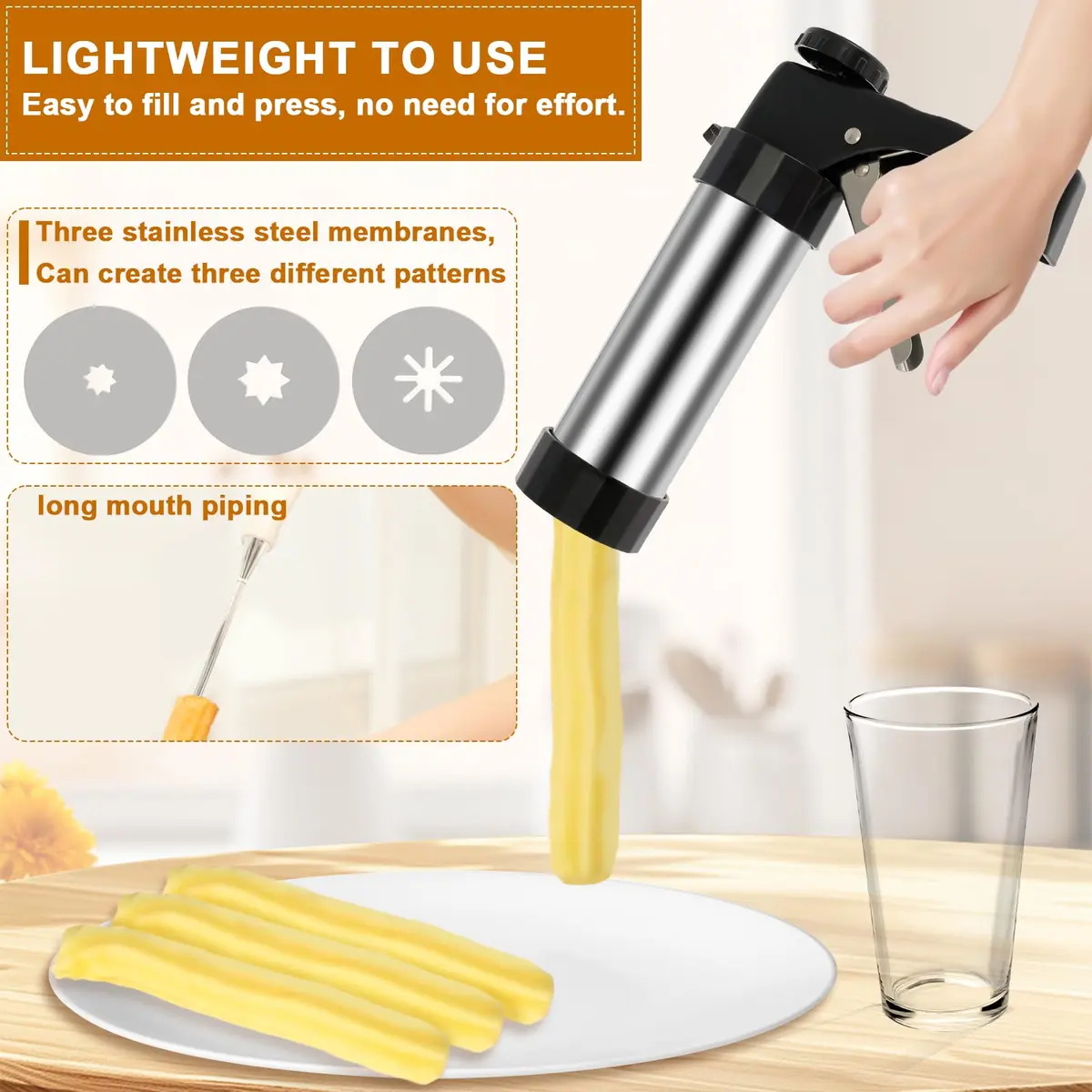 bigjvbfv Stainless Steel Churro Maker Machine with 3 Tips & Filling Injector | Heavy Duty Cookie Press Gun Kit for DIY Hollow Churros & Spanish Desserts - view 3