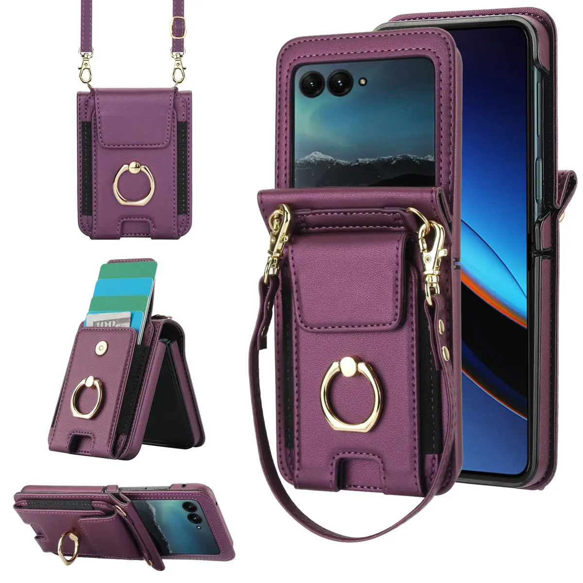 Asuwish Cellular Phone Case for Motorola Razr 50 Ultra/Razr+ 2024/Dark Purple | Wallet Cover with Ring & Strap - main product image