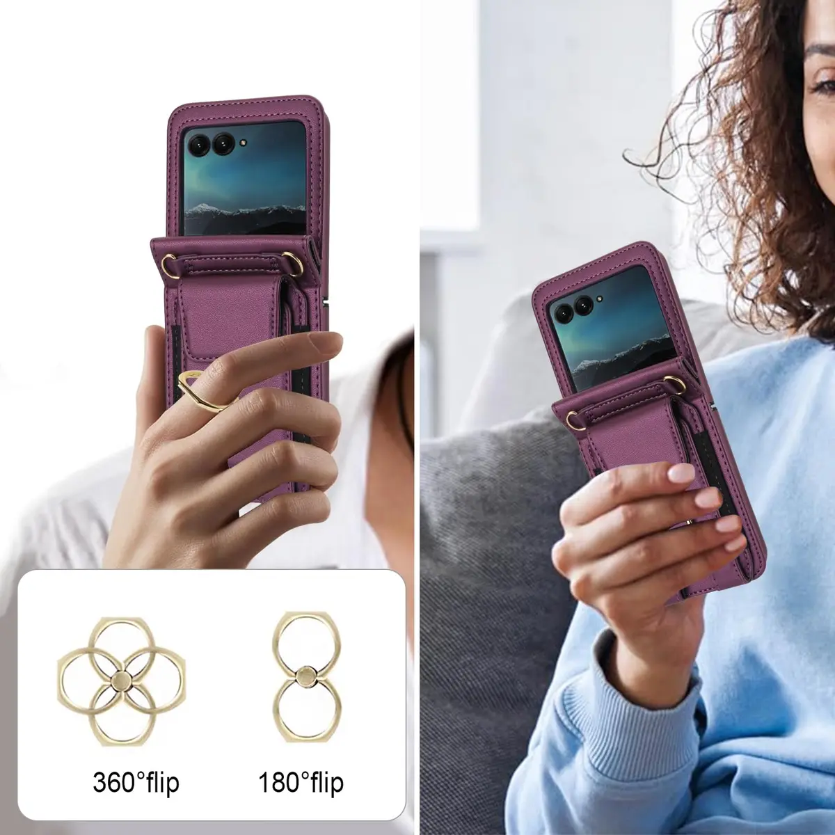 Asuwish Cellular Phone Case for Motorola Razr 50 Ultra/Razr+ 2024/Dark Purple | Wallet Cover with Ring & Strap - view 5