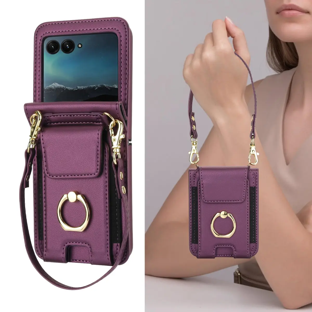 Asuwish Cellular Phone Case for Motorola Razr 50 Ultra/Razr+ 2024/Dark Purple | Wallet Cover with Ring & Strap - view 7
