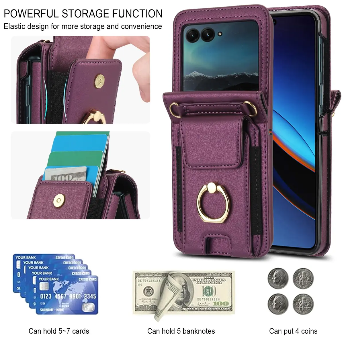 Asuwish Cellular Phone Case for Motorola Razr 50 Ultra/Razr+ 2024/Dark Purple | Wallet Cover with Ring & Strap - view 2