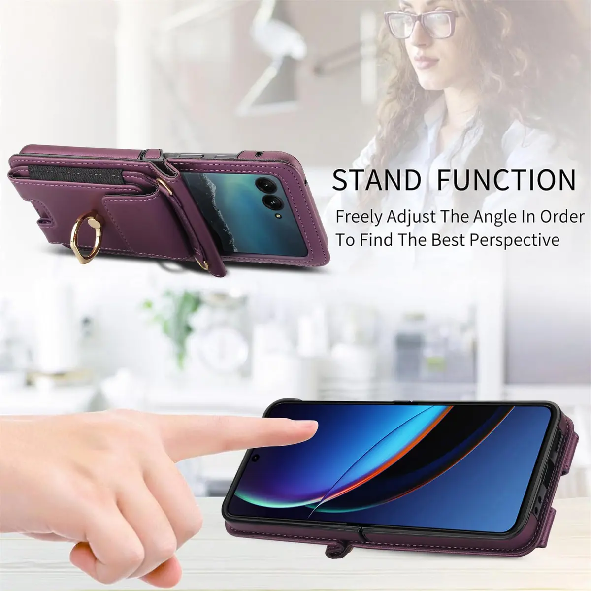 Asuwish Cellular Phone Case for Motorola Razr 50 Ultra/Razr+ 2024/Dark Purple | Wallet Cover with Ring & Strap - view 4