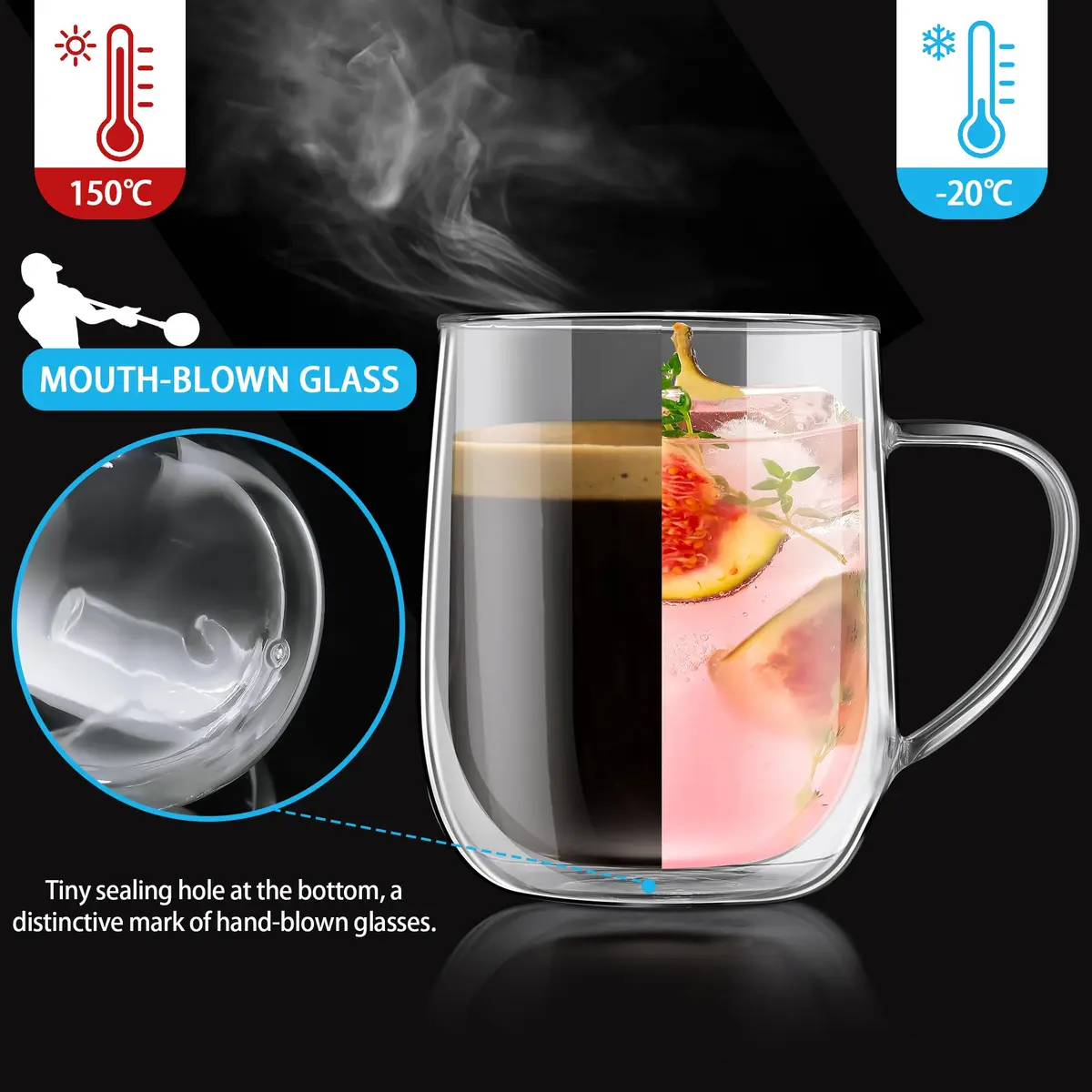 Joeyan Large Clear Double Walled Glass Coffee Mug 450ml | Borosilicate Material, Insulated & Durable - view 5