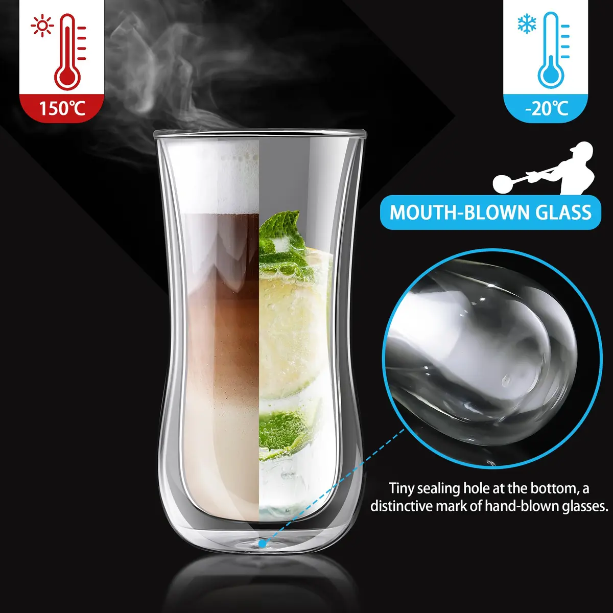Joeyan Double Walled Beer Drinking Glasses Tumbler 400ml | Borosilicate Material Keeps Drinks Hot or Cold - view 5