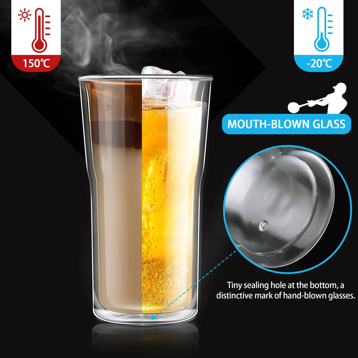 Joeyan Double Walled Beer Drinking Glasses Tumbler 500ml | Borosilicate Material, Keeps Drinks Hot & Cold - view 5