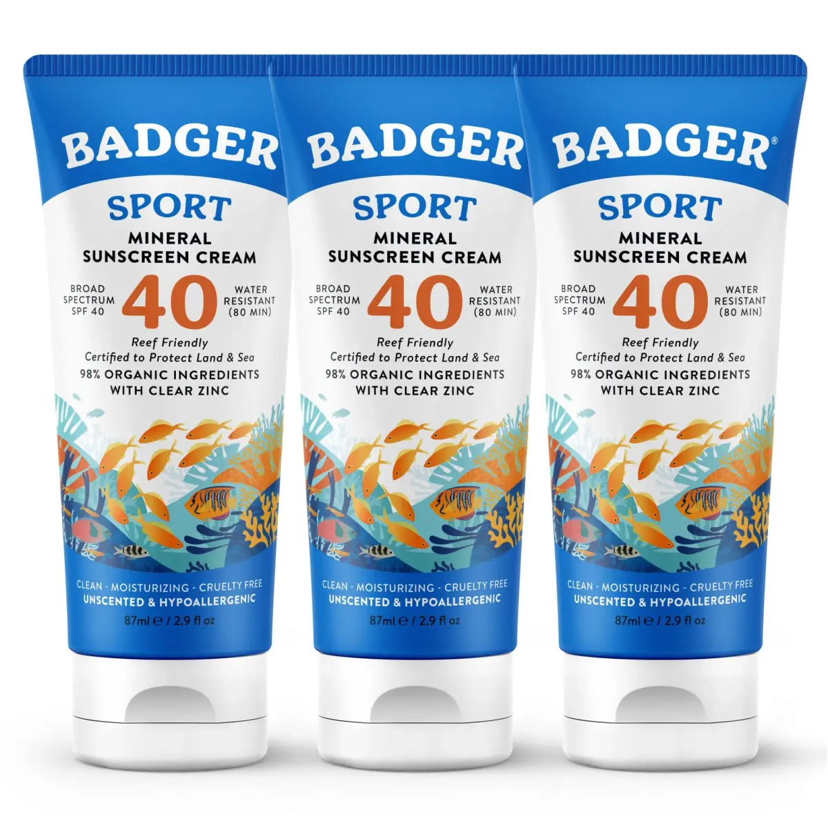 Badger Sport Mineral Sunscreen SPF 40 8.7 fl oz (2.9 fl oz x 3) | Reef Safe, 98% Organic, Water Resistant 80 Min - main product image