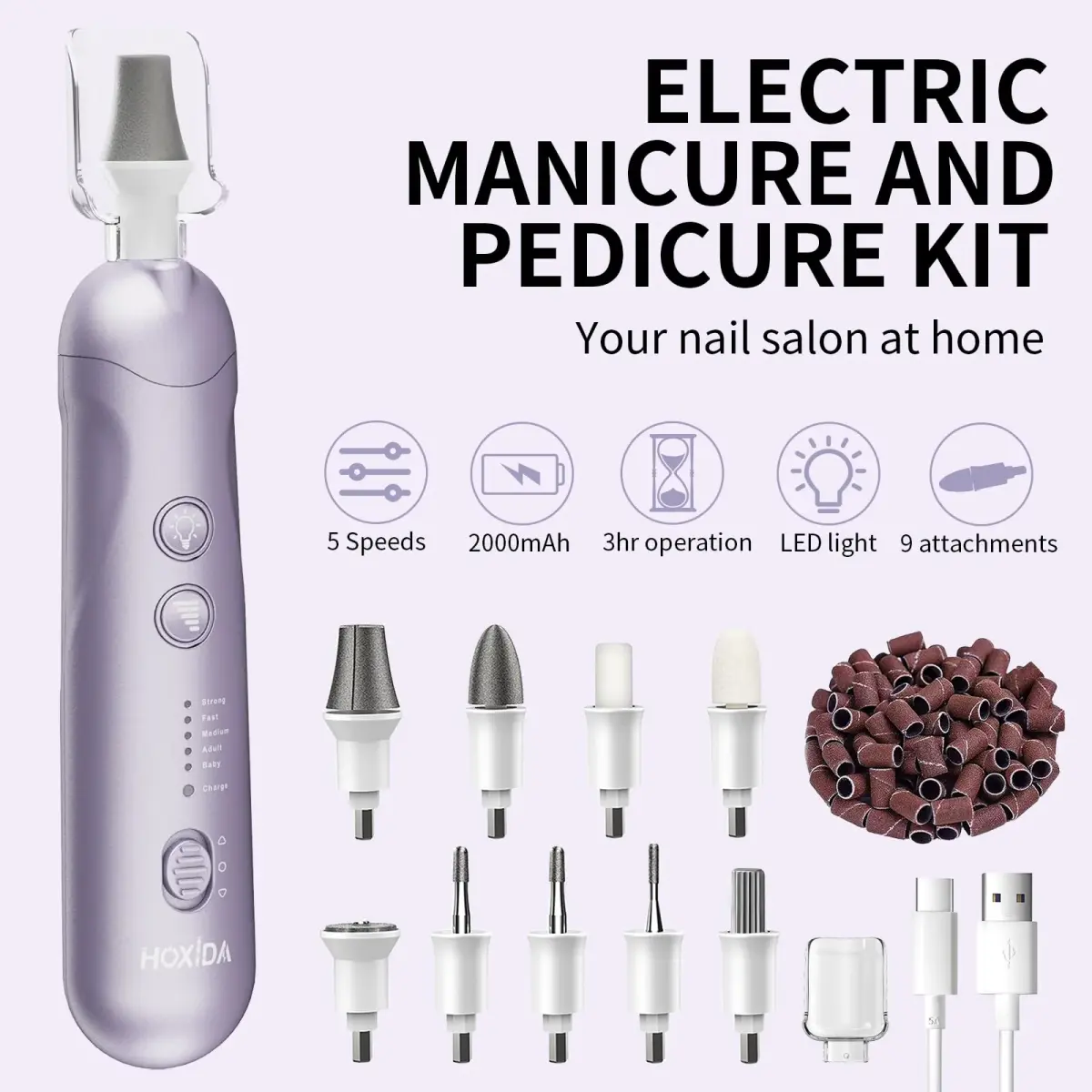 Hoxida Professional Cordless Electric Nail Drill Set with 9 Bits & 100 Bands, Rechargeable 20,000 RPM, Purple | Salon-Quality Manicure & Pedicure Tool - view 2