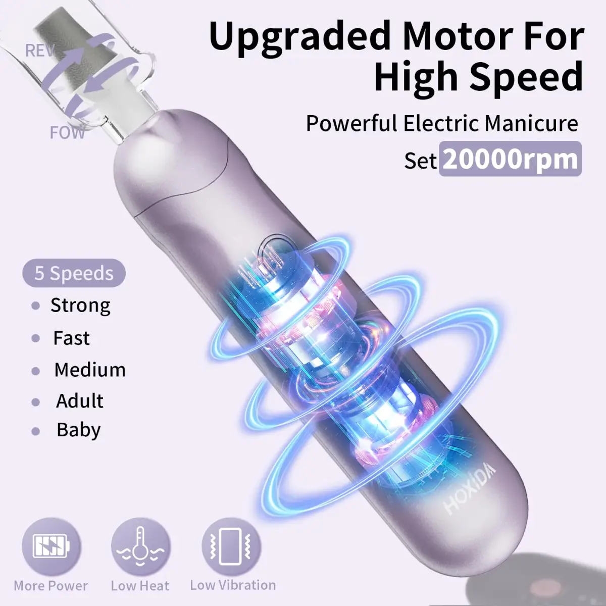 Hoxida Professional Cordless Electric Nail Drill Set with 9 Bits & 100 Bands, Rechargeable 20,000 RPM, Purple | Salon-Quality Manicure & Pedicure Tool - view 3