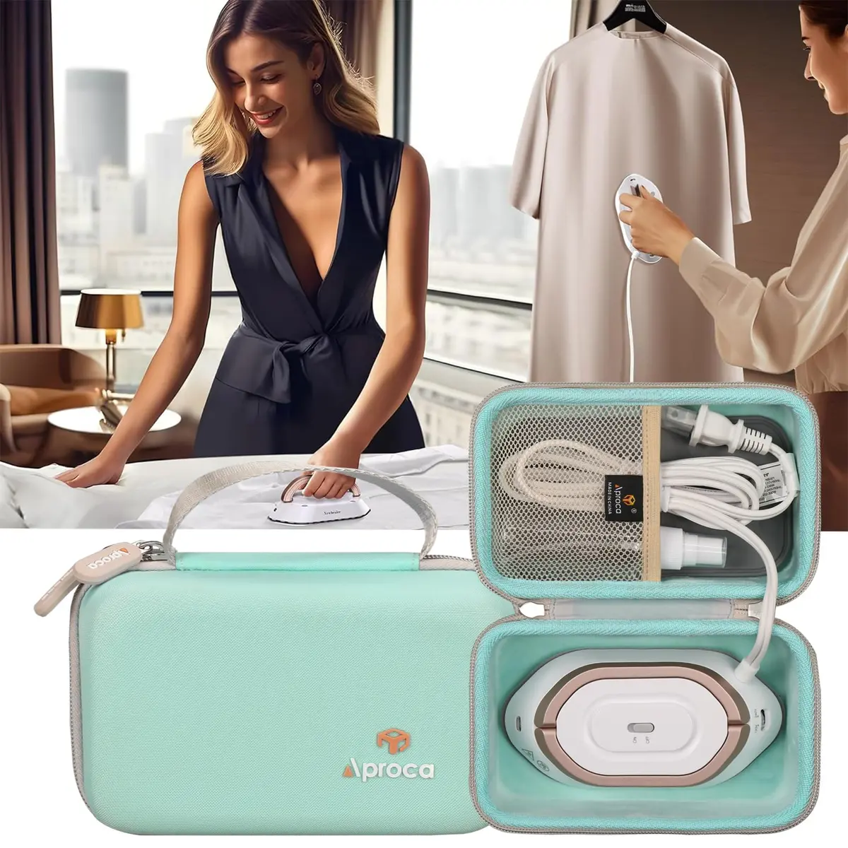 Aproca Case for Newbealer Travel Iron Mini Dry Iron -Green | Portable Hard Storage with Mesh Pocket - view 4