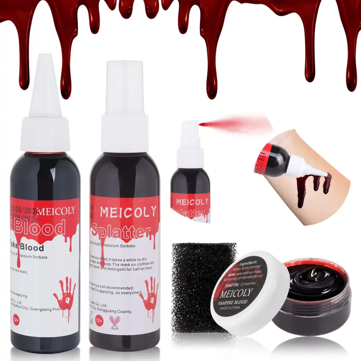 MEICOLY Fake Blood Spray & Dripping Blood Kit 2.1oz (62ml) Each | Realistic SFX Makeup for Halloween Cosplay - main product image