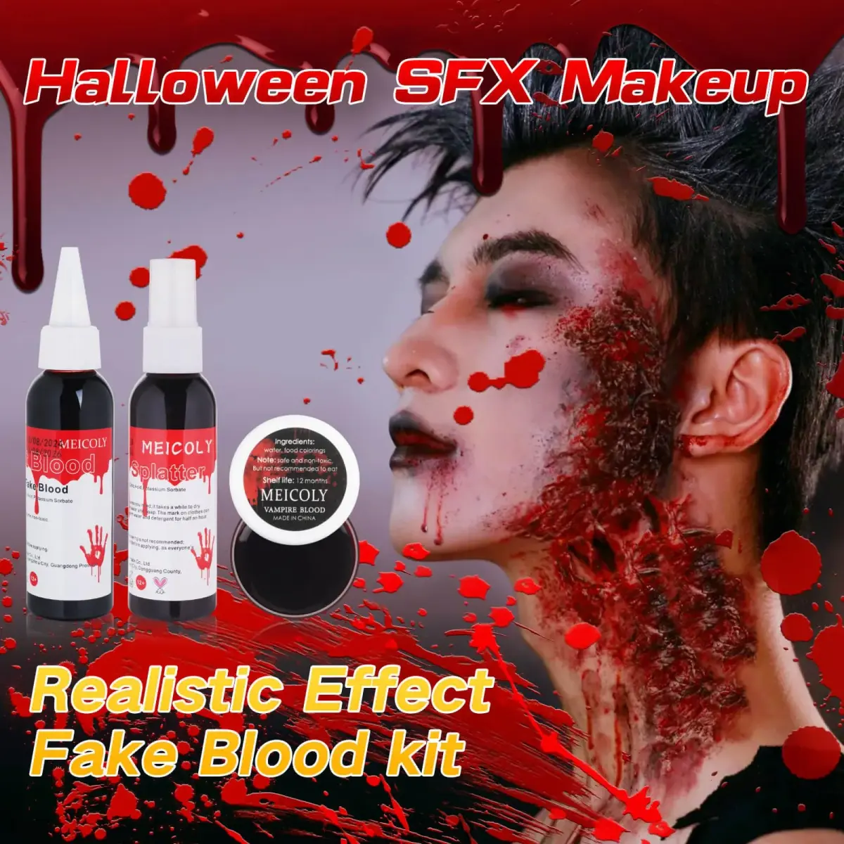 MEICOLY Fake Blood Spray & Dripping Blood Kit 2.1oz (62ml) Each | Realistic SFX Makeup for Halloween Cosplay - view 8