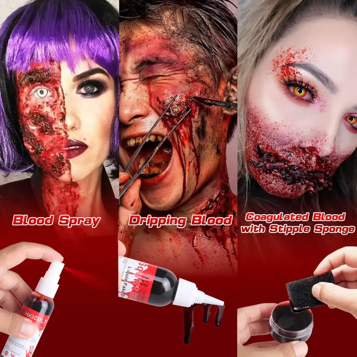 MEICOLY Fake Blood Spray & Dripping Blood Kit 2.1oz (62ml) Each | Realistic SFX Makeup for Halloween Cosplay - view 3