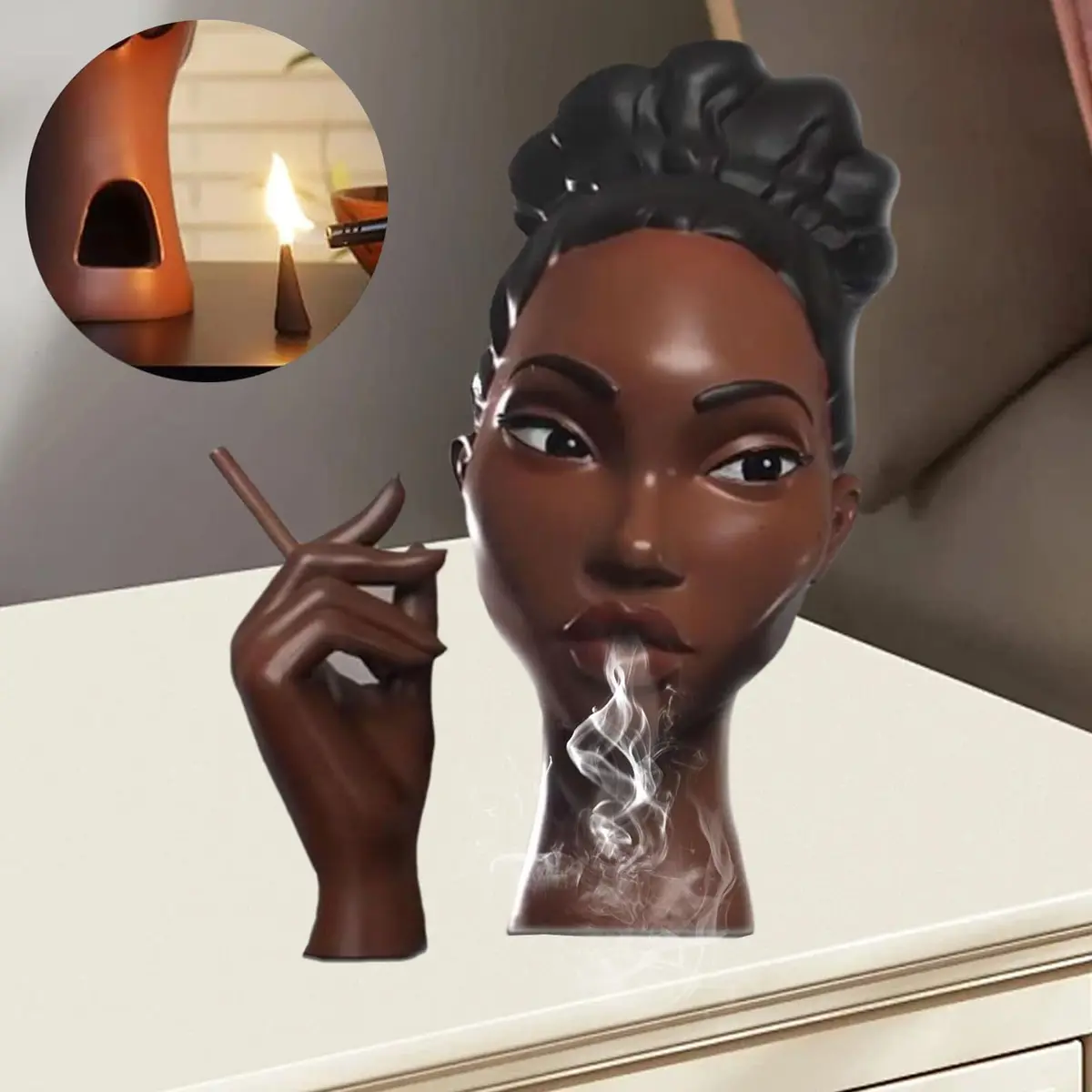 KLUSIET Head Incense Holder Black Women 25.4cm (10 inches) | Unique Resin Sculpture for Aromatherapy - main product image