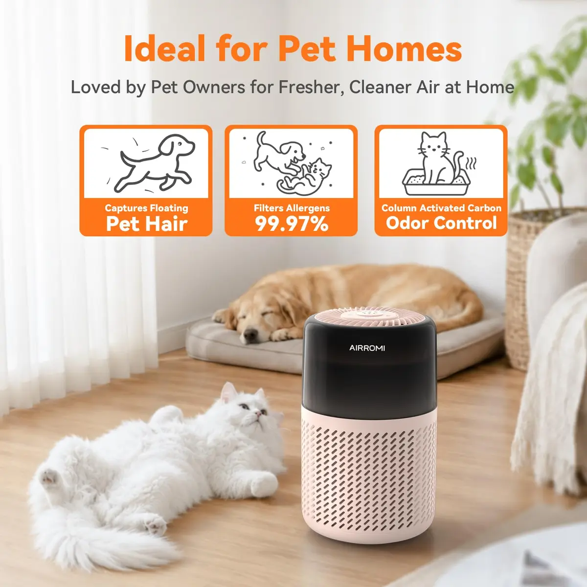 AIRROMI A2005 HEPA Air Purifier for Bedroom & Home, 550 sq ft Coverage, Creamy Beige | True HEPA Filter Removes 99.97% Pet Dander, Odor, Dust, Smoke - view 3