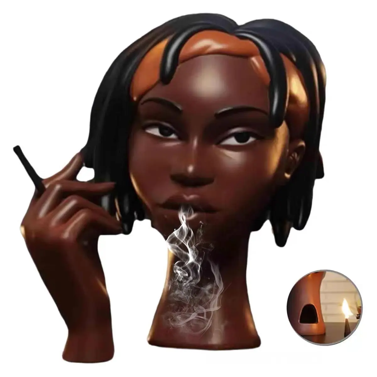 KLUSIET Head Incense Holder Black Women 24cm (9.4in) | Unique Resin Sculpture for Home Decor - main product image