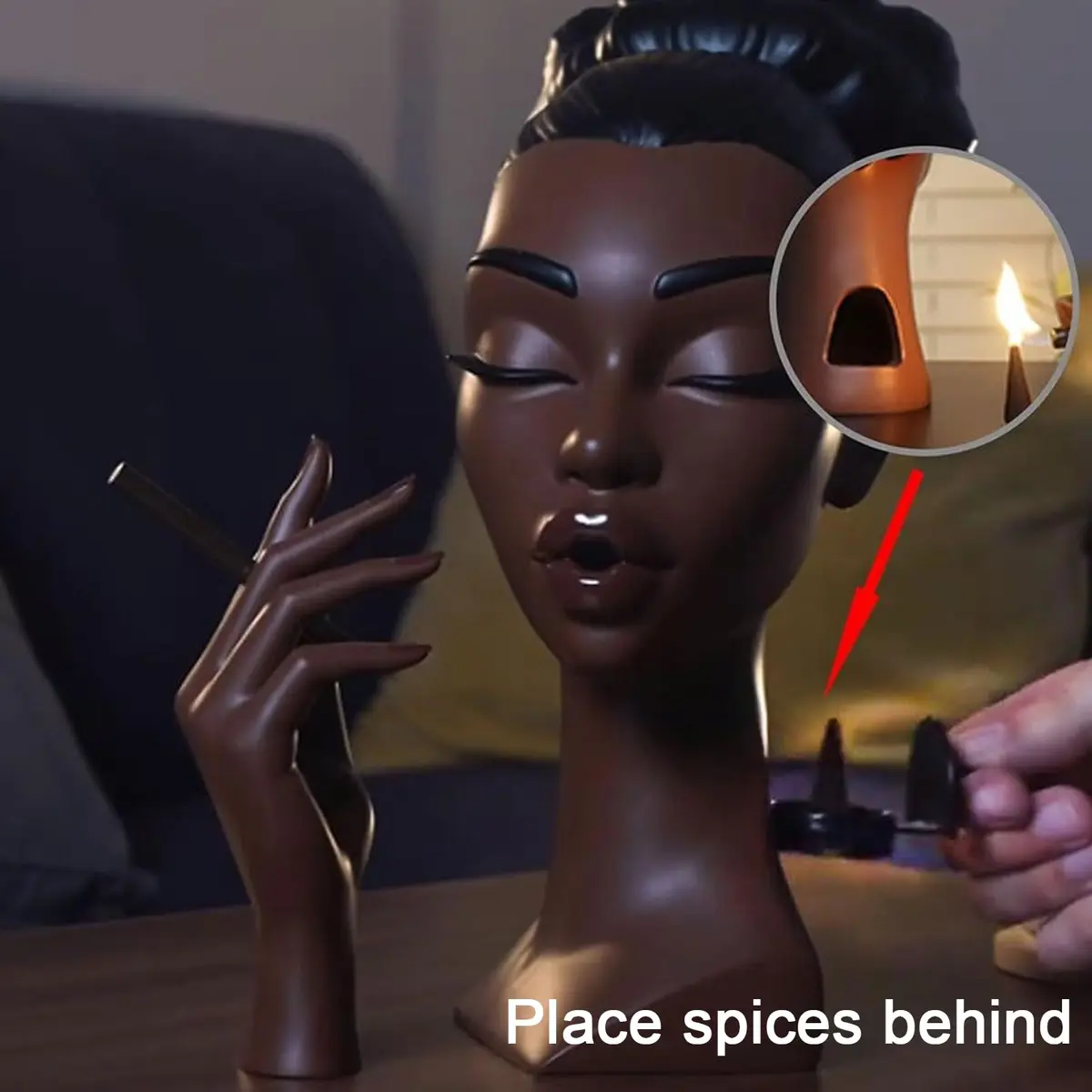 KLUSIET Head Incense Holder Black Women 24cm (9.4in) | Unique Resin Sculpture for Home Decor - view 3