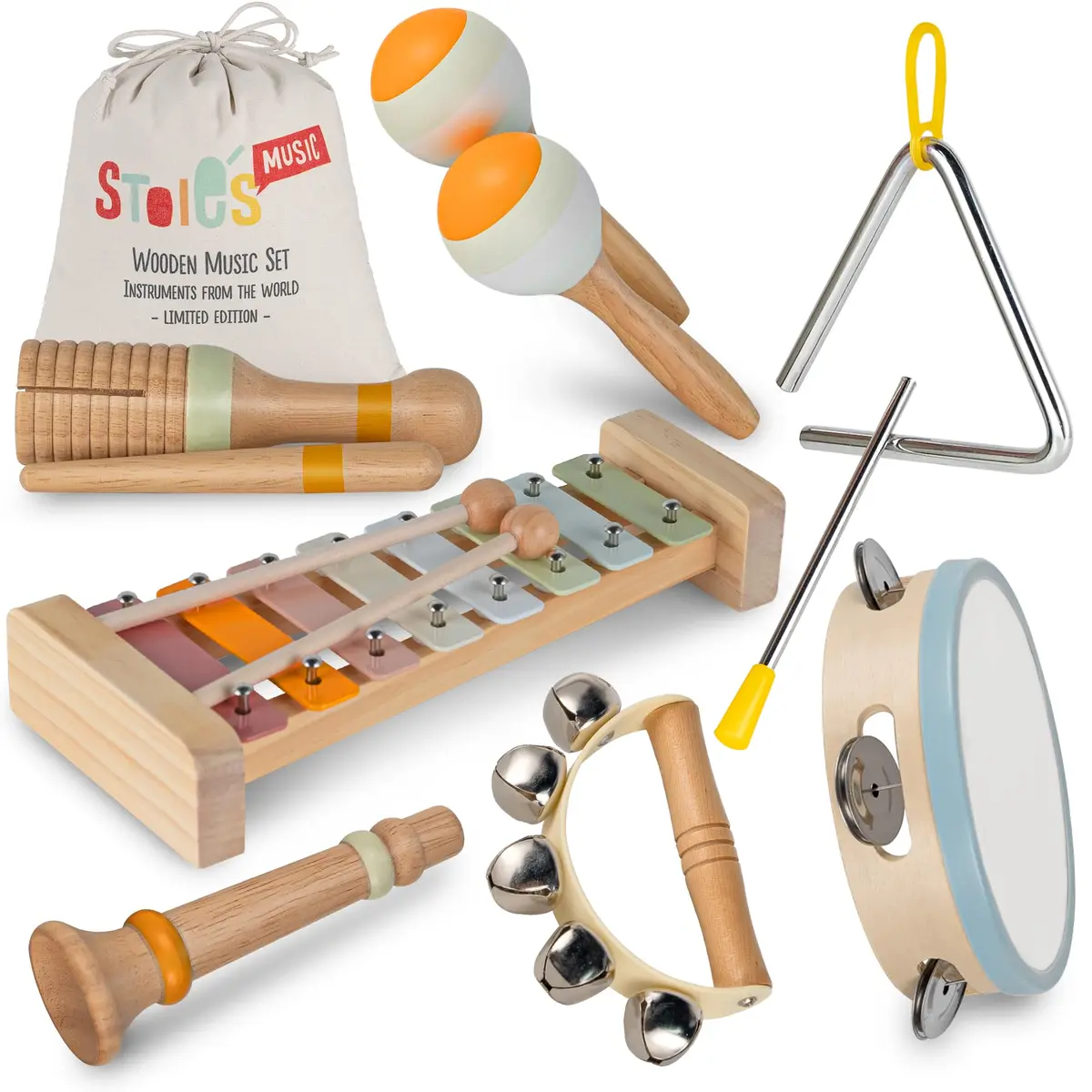 Stoie's Wooden Toddler Musical Instruments with Xylophone, Maracas, Triangle, Tamburine | Eco Friendly Montessori Toy for Kids 3-5 - view 9