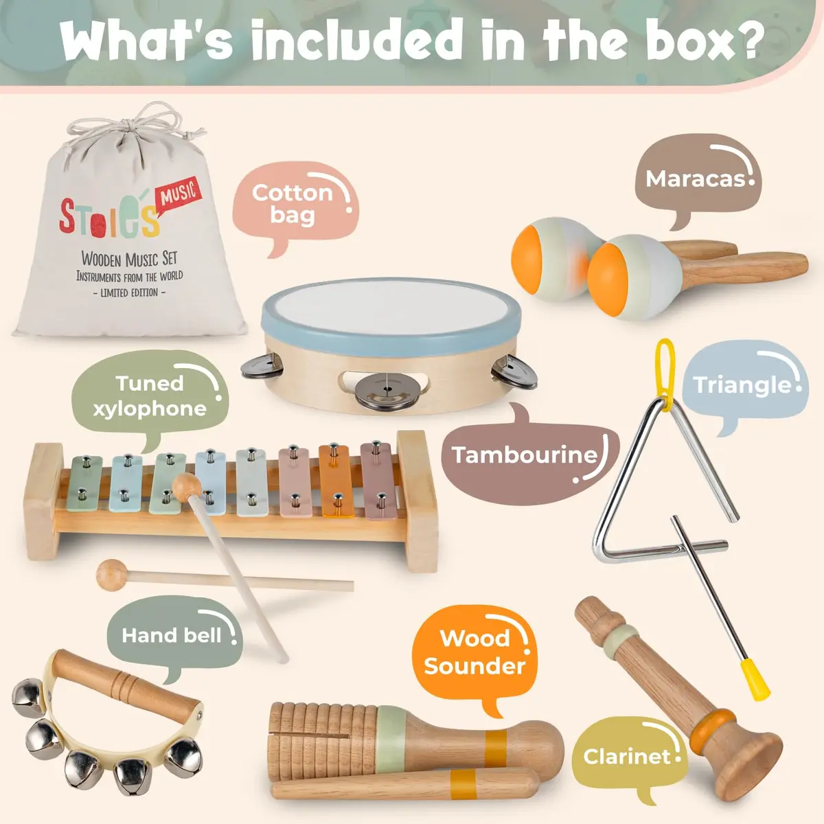 Stoie's Wooden Toddler Musical Instruments with Xylophone, Maracas, Triangle, Tamburine | Eco Friendly Montessori Toy for Kids 3-5 - view 2